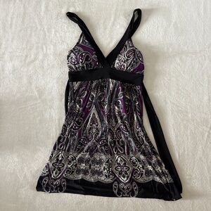 Y2K "21" V-Neck Purple and Black Paisley Pullover Mini Dress Size Small